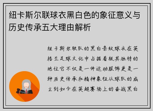 纽卡斯尔联球衣黑白色的象征意义与历史传承五大理由解析
